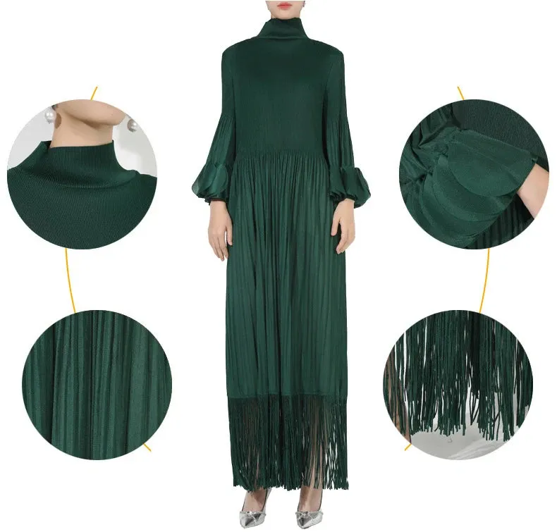 Plissé Pleated Tassel Long Sleeve Midi Dress