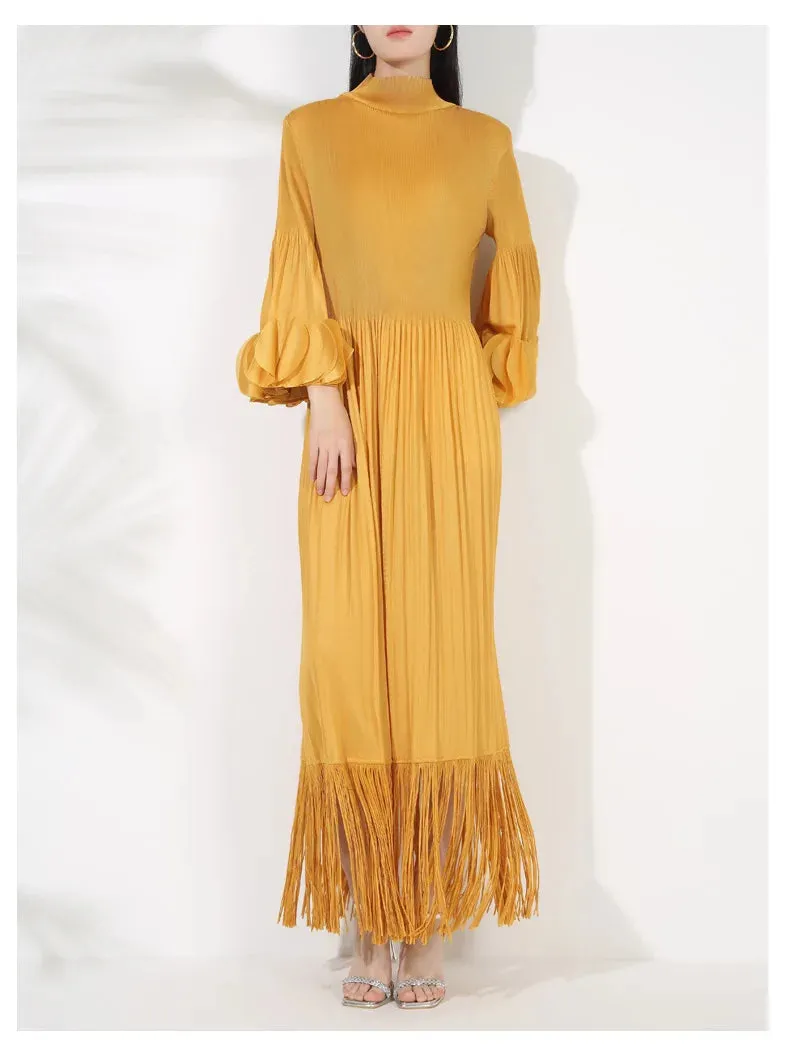 Plissé Pleated Tassel Long Sleeve Midi Dress