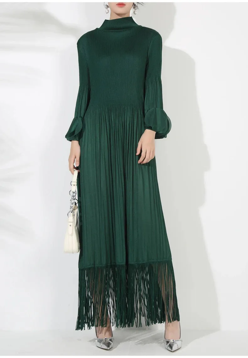 Plissé Pleated Tassel Long Sleeve Midi Dress