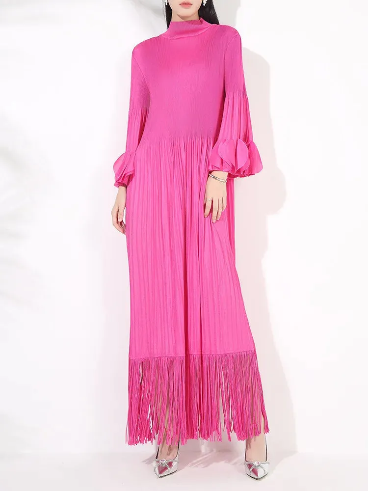 Plissé Pleated Tassel Long Sleeve Midi Dress