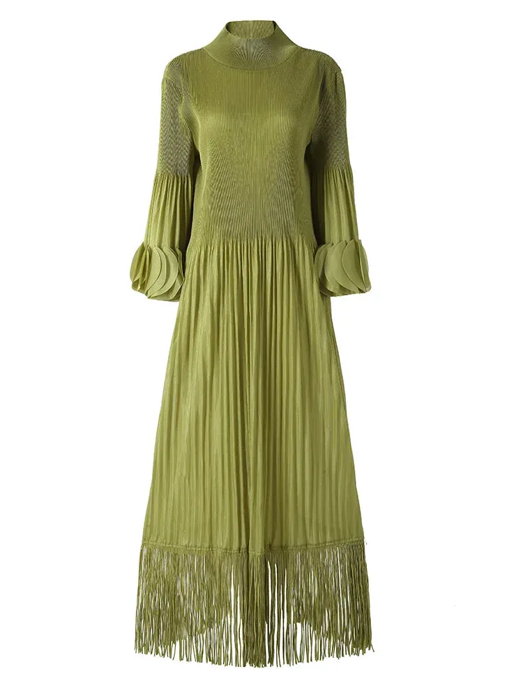 Plissé Pleated Tassel Long Sleeve Midi Dress