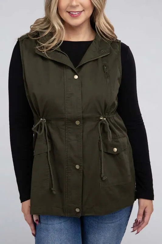 Plus Size Drawstring Waist Military Hoodie Vest