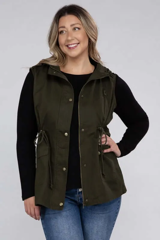 Plus Size Drawstring Waist Military Hoodie Vest