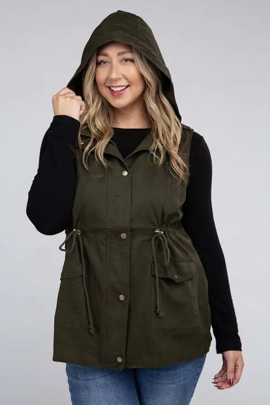 Plus Size Drawstring Waist Military Hoodie Vest