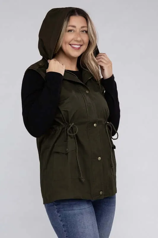 Plus Size Drawstring Waist Military Hoodie Vest