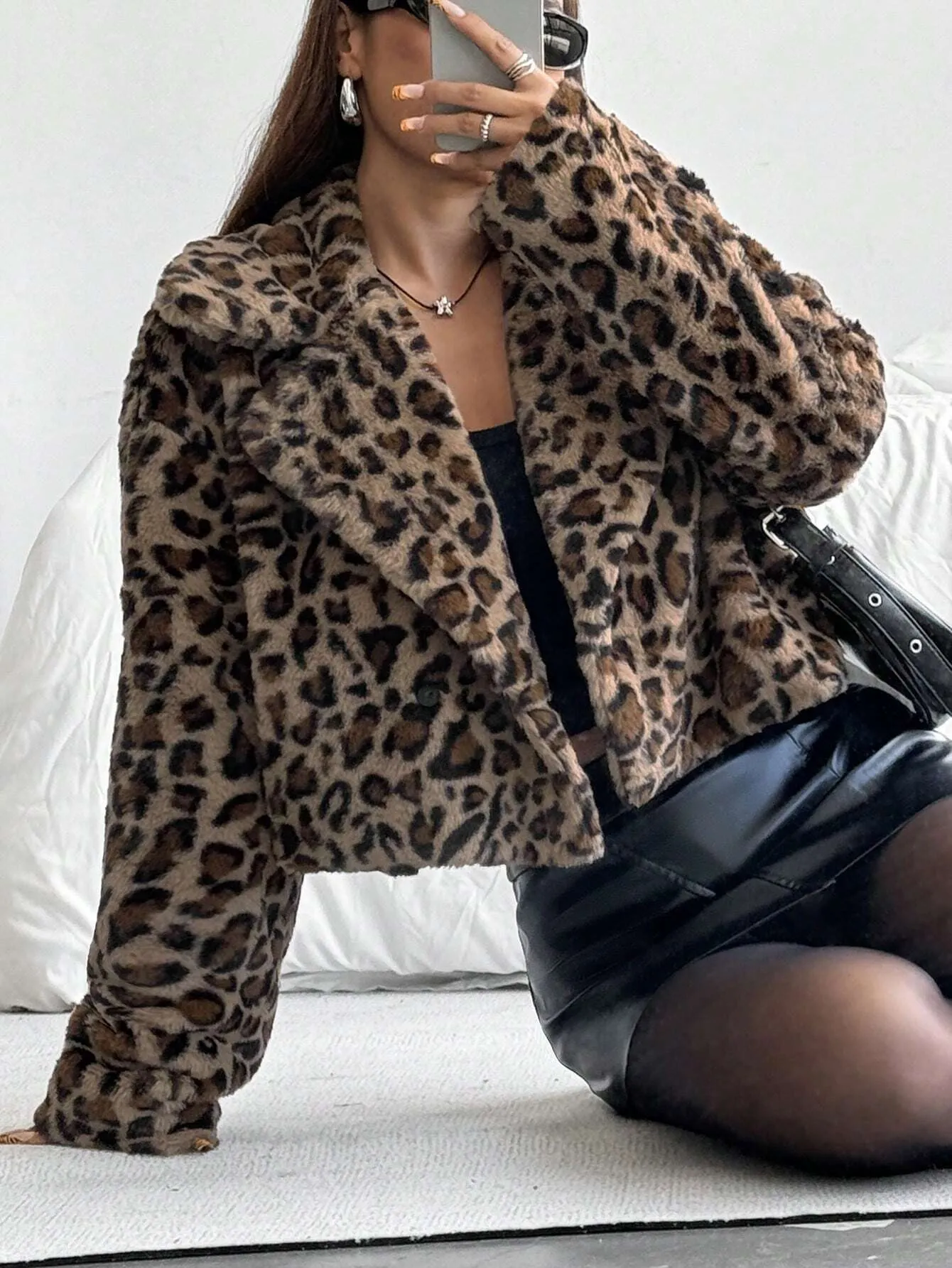 SHEIN EZwear Fashionable Leopard Fluffy Cropped Regular Jacket, Autumn/Winter