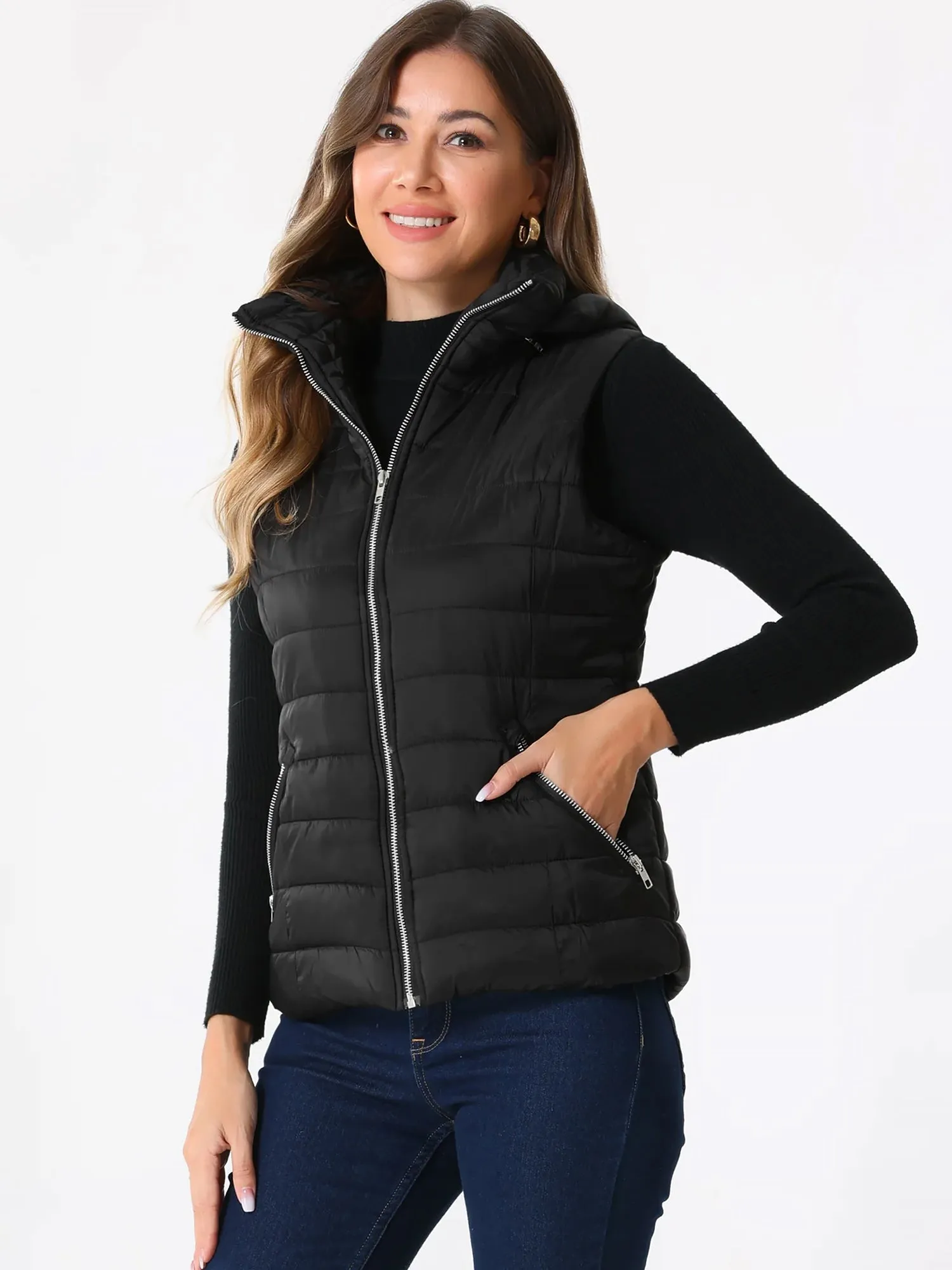 Sleeveless Zipper Winter Hoodie Quilted Jacket Vest