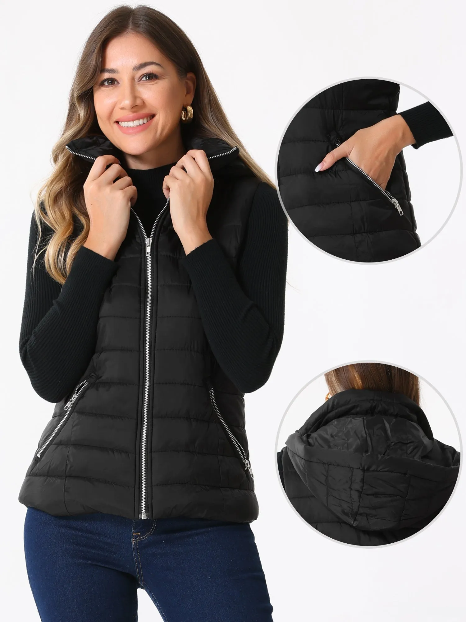 Sleeveless Zipper Winter Hoodie Quilted Jacket Vest