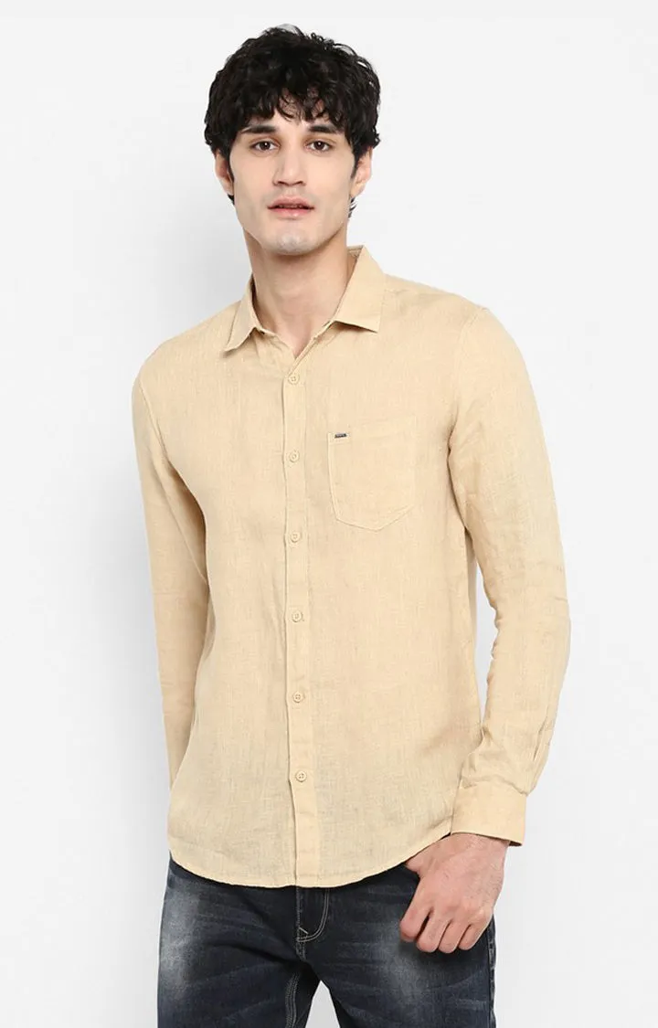 Spykar Men'S Beige Linen Melange Casual Shirts