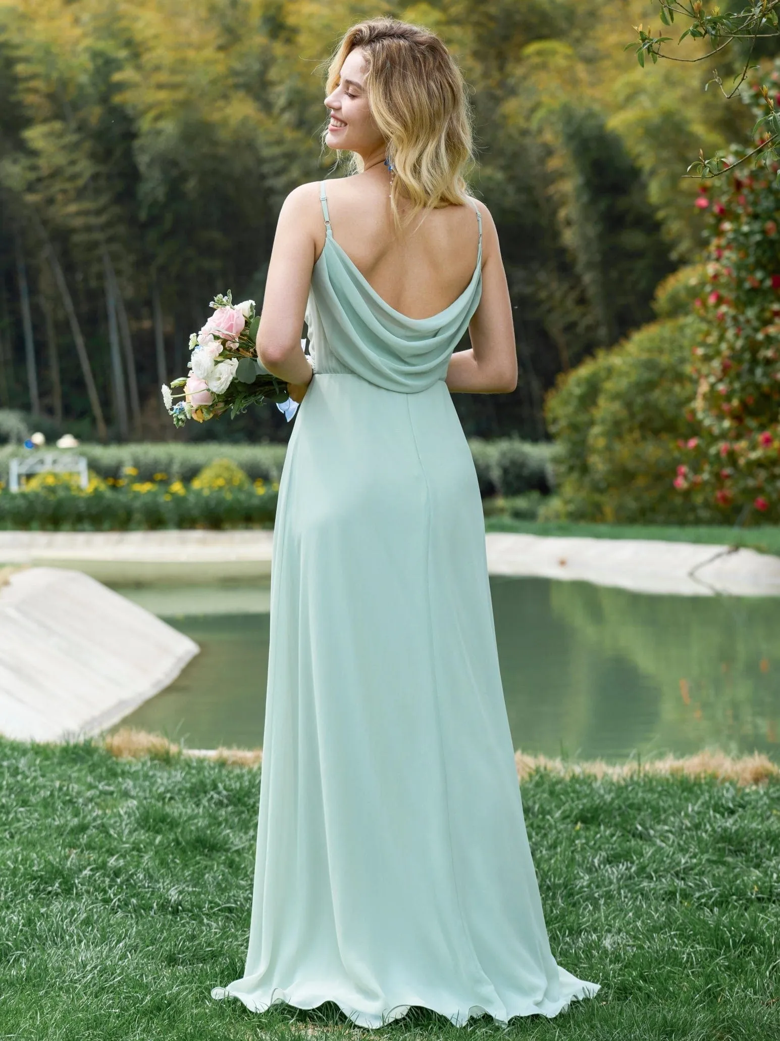 Sweetheart Draped Back Floor Length Bridesmaid Dress