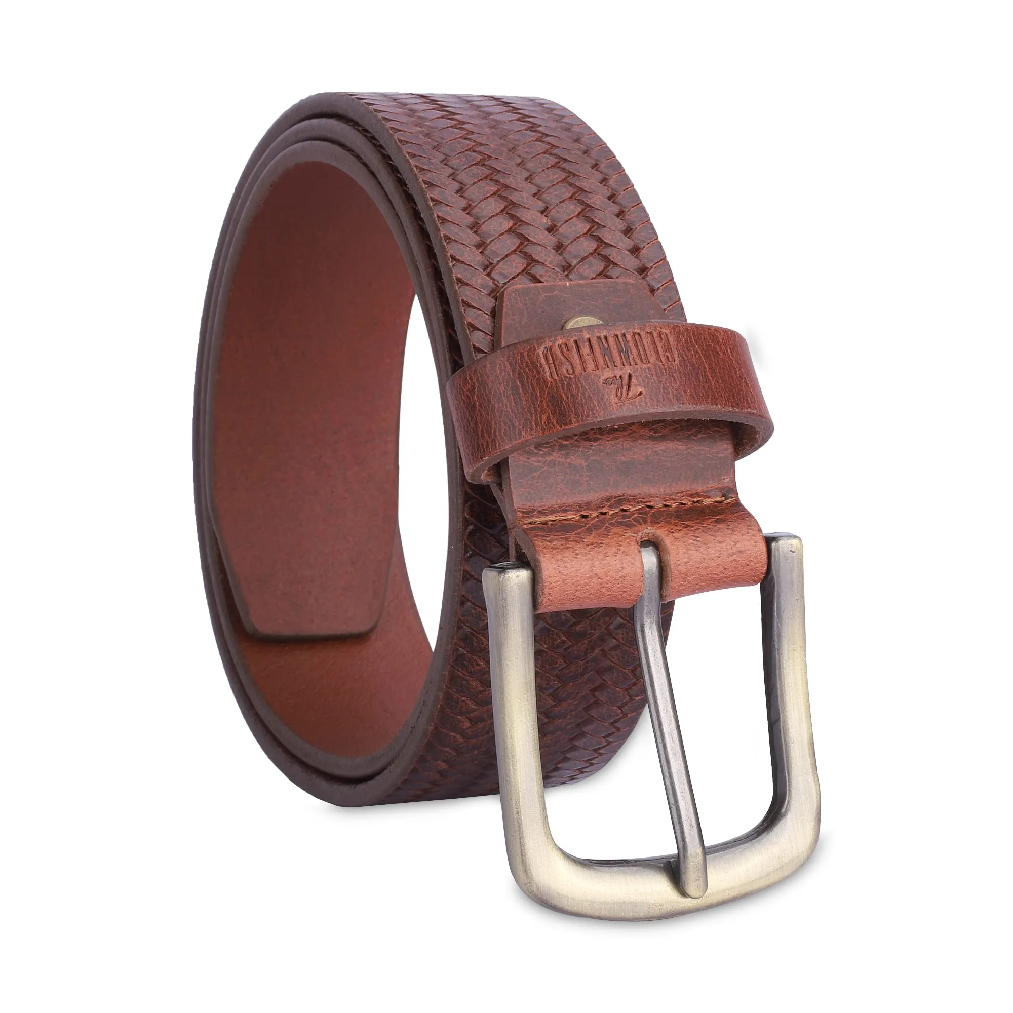 THE CLOWNFISH Men's Genuine Leather Belt with Embossed Design - Tan (Size - 36 inches)