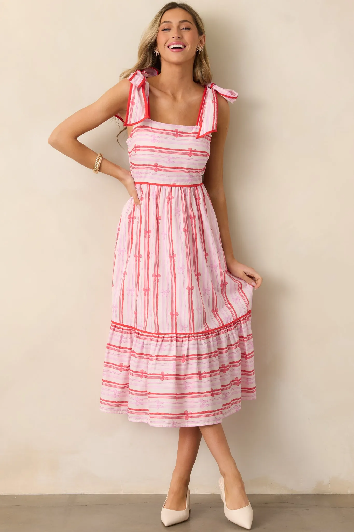 Through The Fields Pink Multi Stripe Cotton Midi Dress