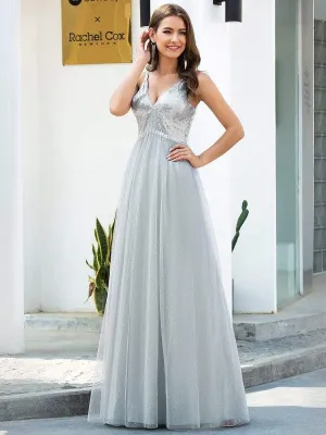 V-Neck Spaghetti Straps Sequin & Tulle Bridesmaid Dress