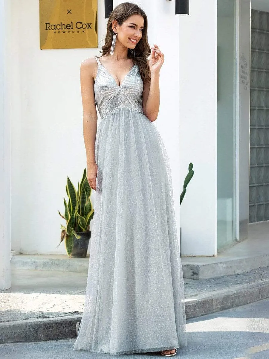 V-Neck Spaghetti Straps Sequin & Tulle Bridesmaid Dress