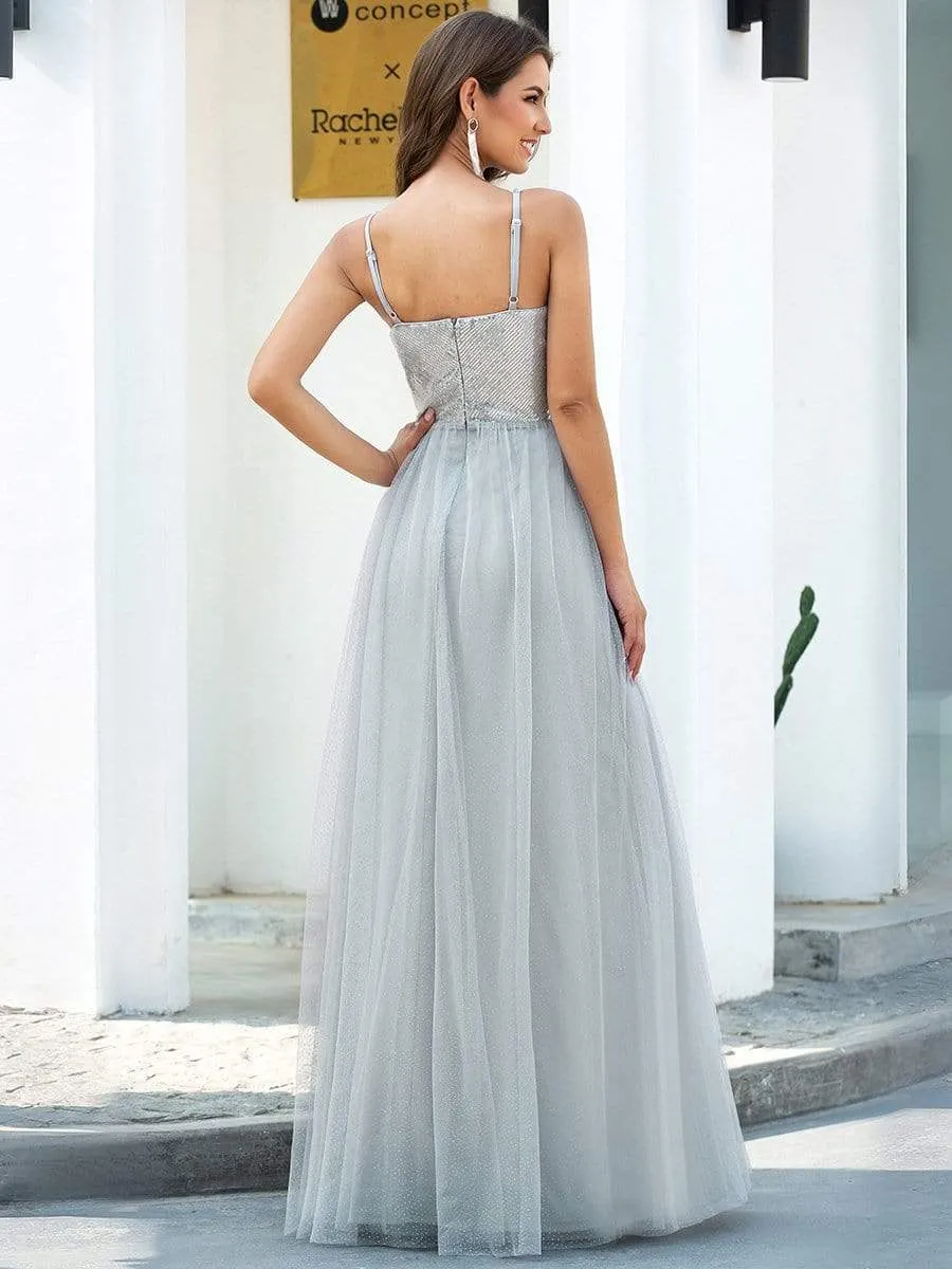 V-Neck Spaghetti Straps Sequin & Tulle Bridesmaid Dress