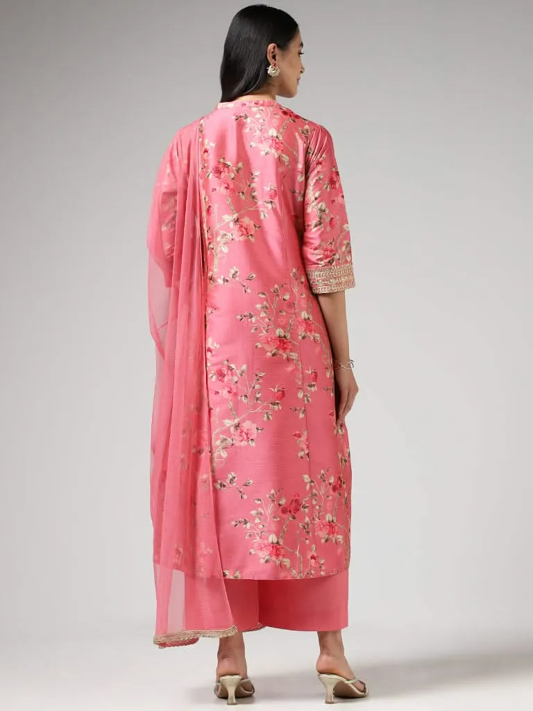 Vark Floral Print Light Pink Kurta with Palazzos & Dupatta