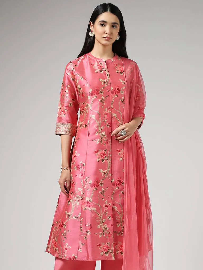 Vark Floral Print Light Pink Kurta with Palazzos & Dupatta