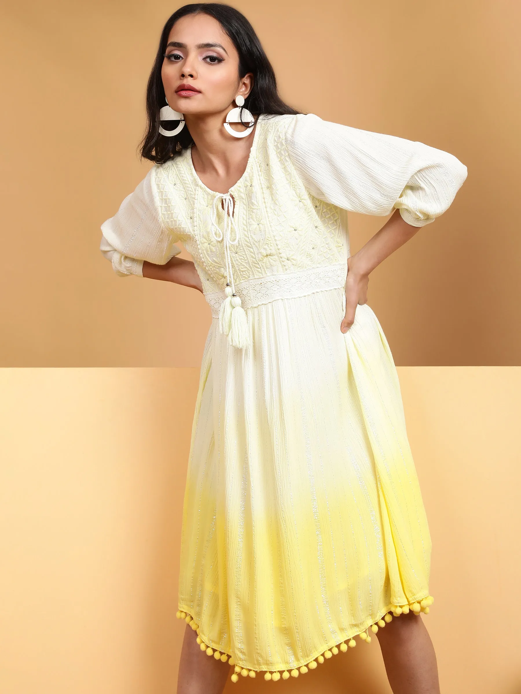 Women Yellow Round Neck Solid Dress