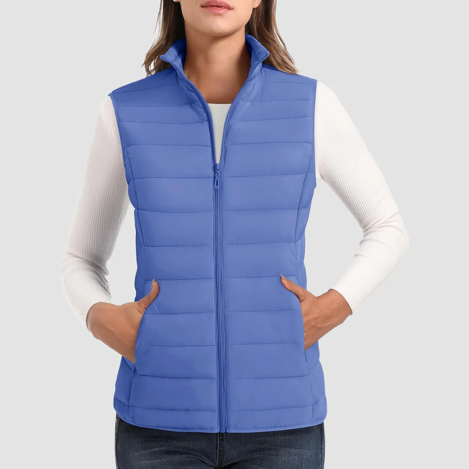 Women's Puffer Vest Lightweight Stand Collar Zip 4 Pockets Puffy Vests Sleeveless Quilted Padded Outerwear