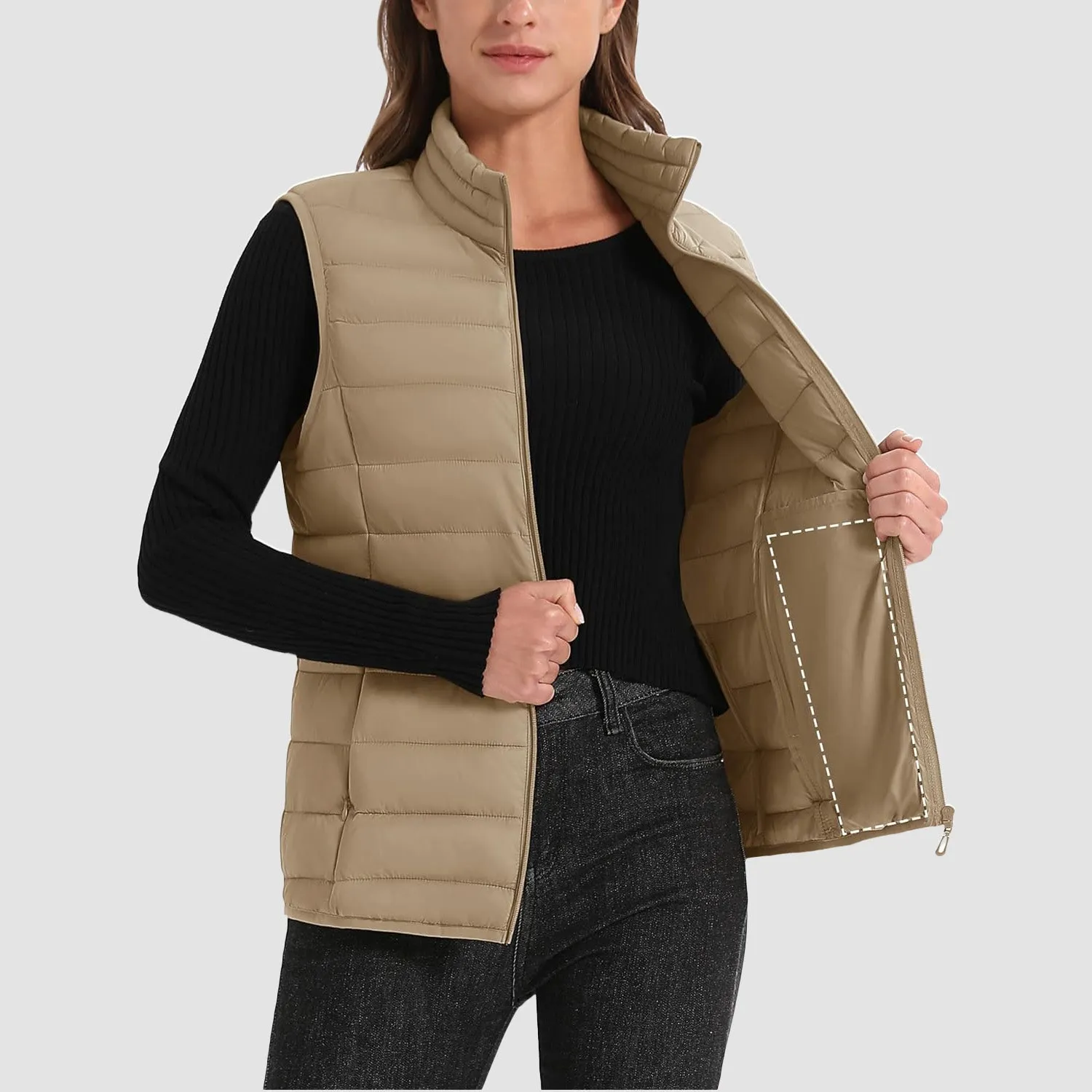 Women's Puffer Vest Lightweight Stand Collar Zip 4 Pockets Puffy Vests Sleeveless Quilted Padded Outerwear