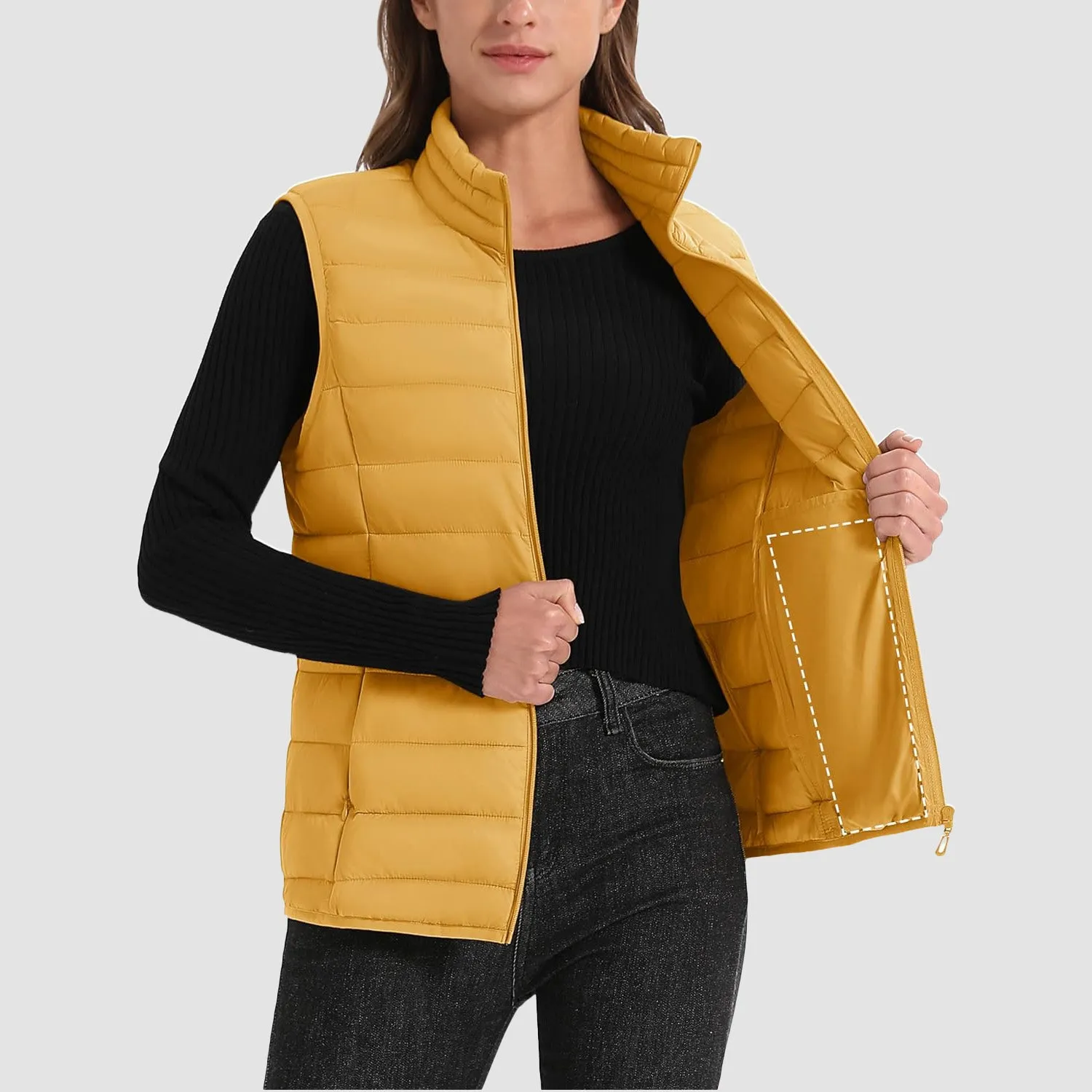 Women's Puffer Vest Lightweight Stand Collar Zip 4 Pockets Puffy Vests Sleeveless Quilted Padded Outerwear