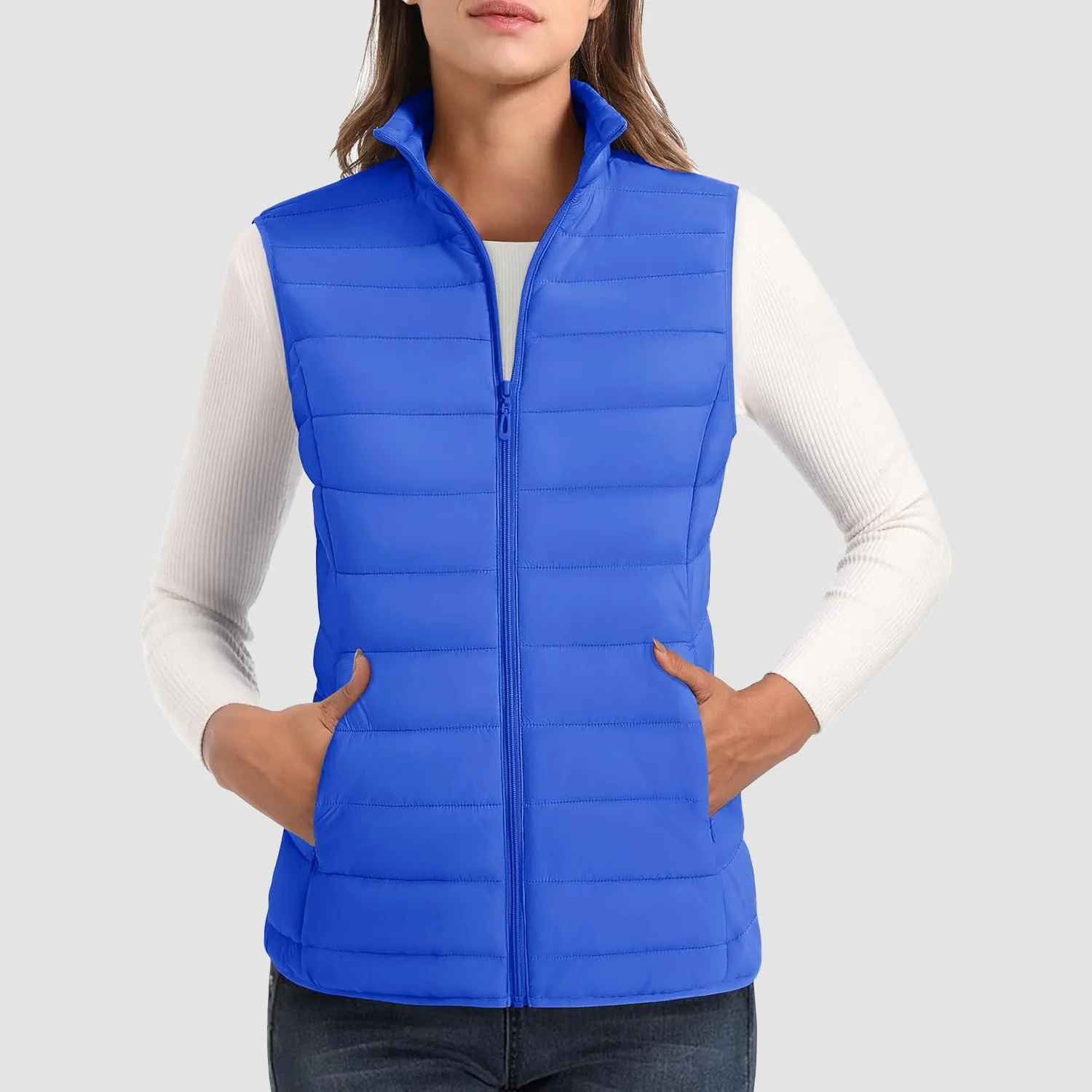 Women's Puffer Vest Lightweight Stand Collar Zip 4 Pockets Puffy Vests Sleeveless Quilted Padded Outerwear