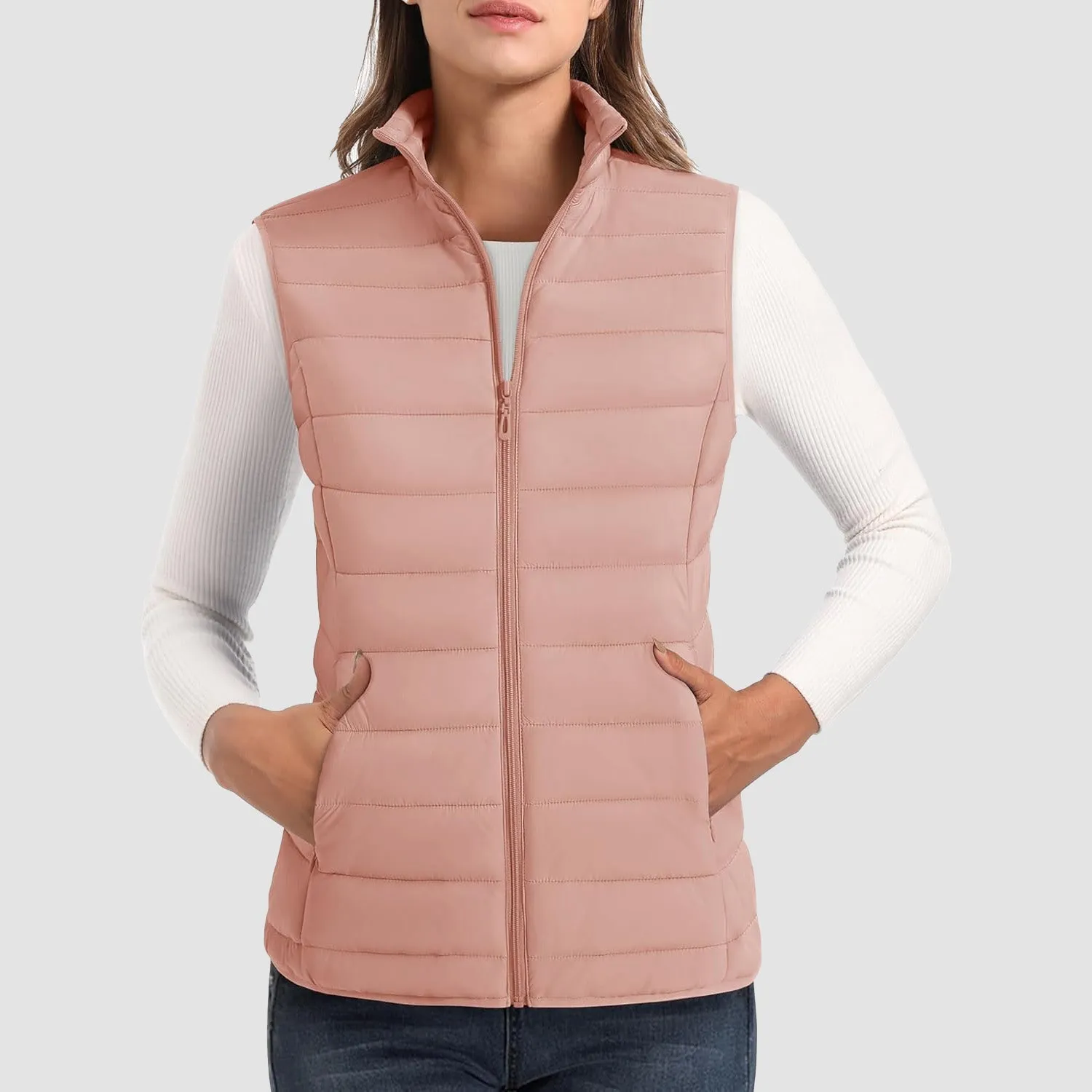 Women's Puffer Vest Lightweight Stand Collar Zip 4 Pockets Puffy Vests Sleeveless Quilted Padded Outerwear