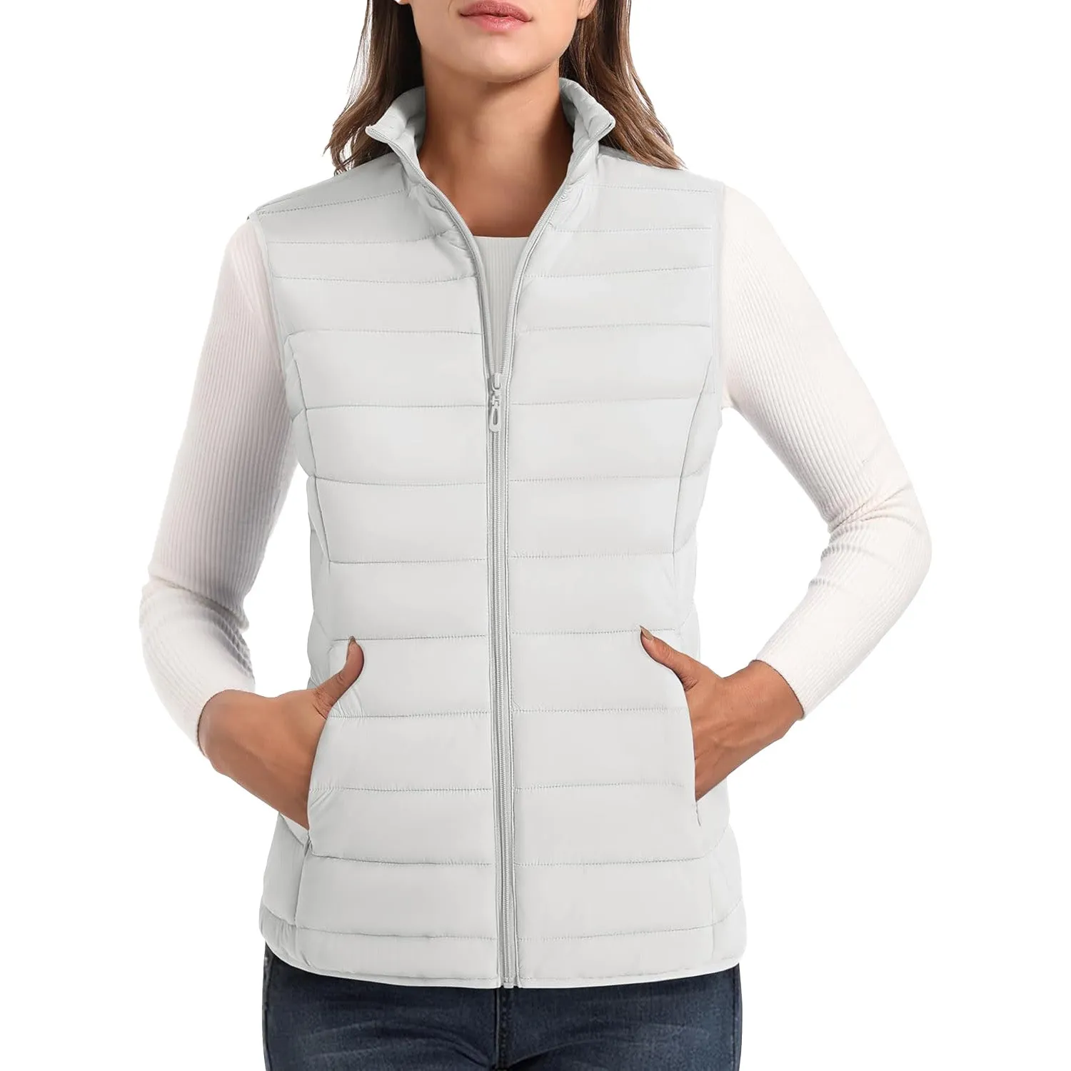 Women's Puffer Vest Lightweight Stand Collar Zip 4 Pockets Puffy Vests Sleeveless Quilted Padded Outerwear