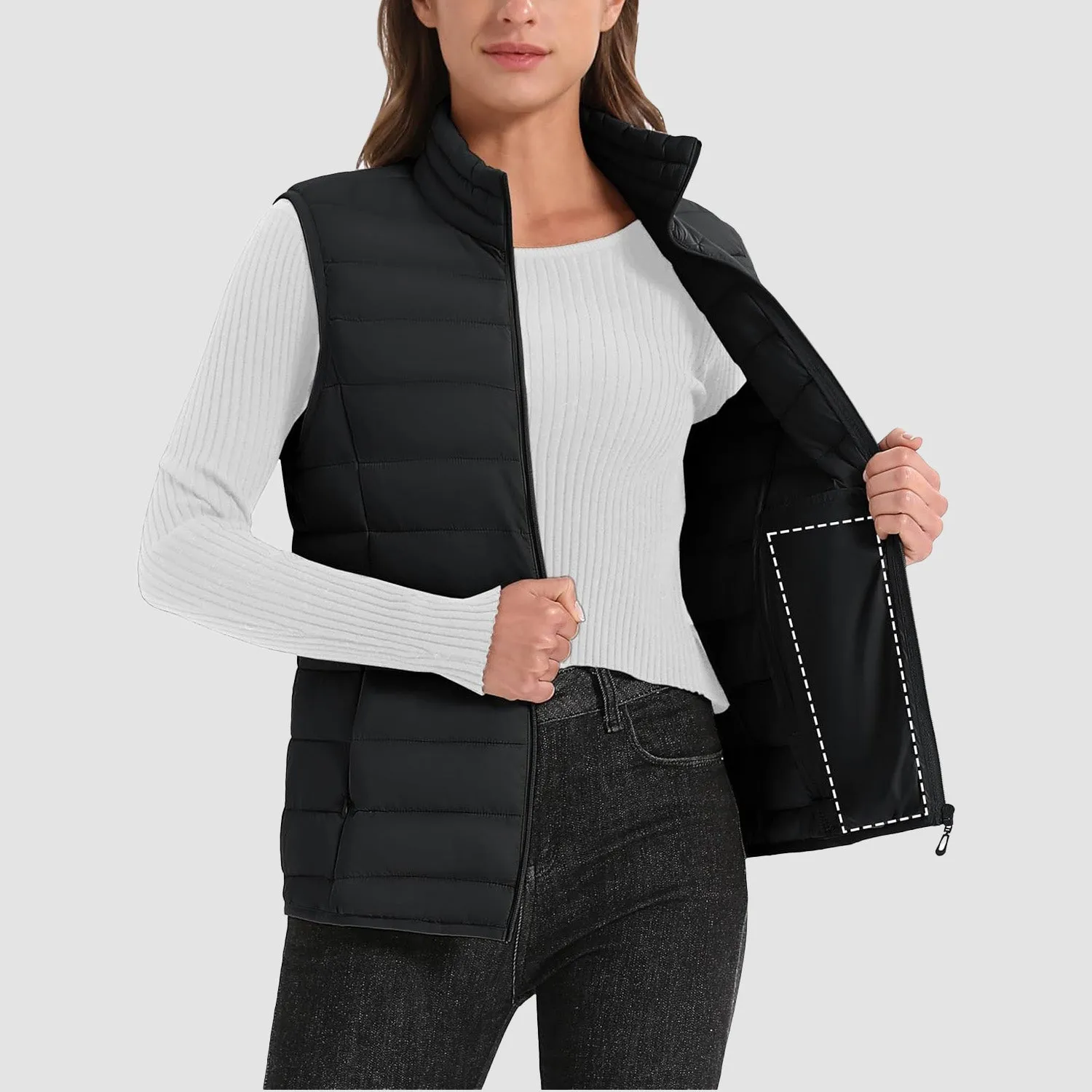 Women's Puffer Vest Lightweight Stand Collar Zip 4 Pockets Puffy Vests Sleeveless Quilted Padded Outerwear