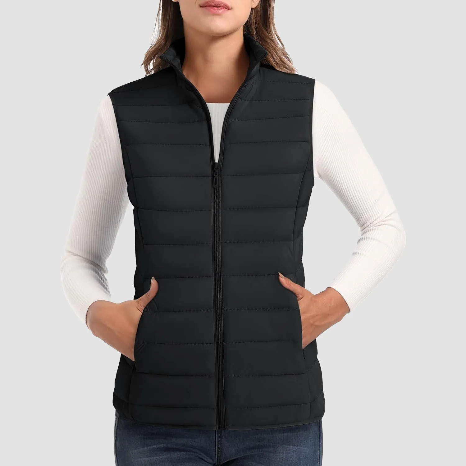 Women's Puffer Vest Lightweight Stand Collar Zip 4 Pockets Puffy Vests Sleeveless Quilted Padded Outerwear