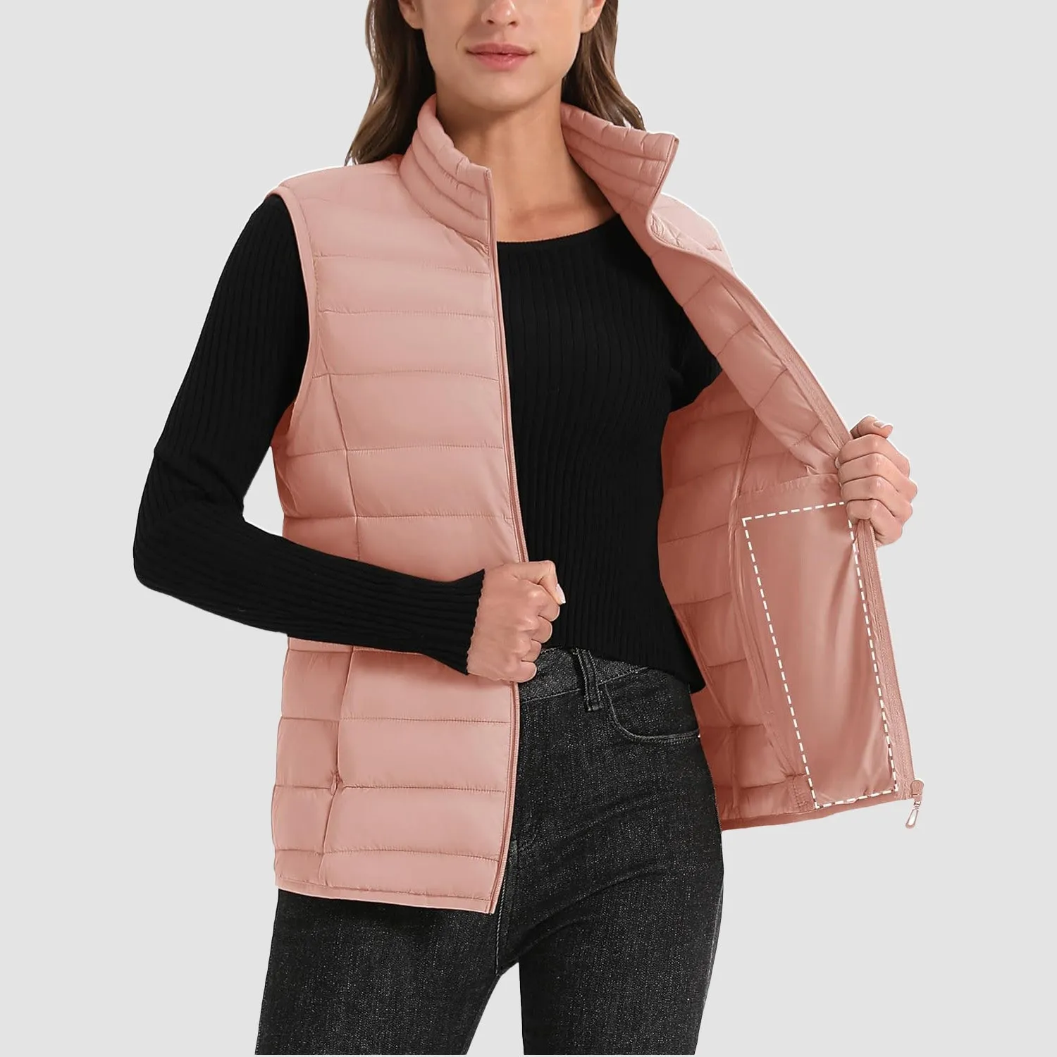 Women's Puffer Vest Lightweight Stand Collar Zip 4 Pockets Puffy Vests Sleeveless Quilted Padded Outerwear