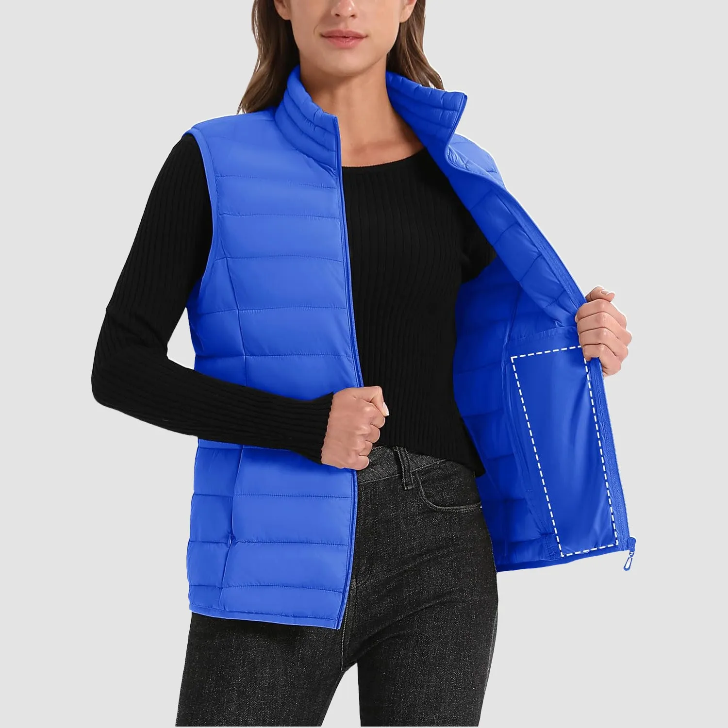 Women's Puffer Vest Lightweight Stand Collar Zip 4 Pockets Puffy Vests Sleeveless Quilted Padded Outerwear