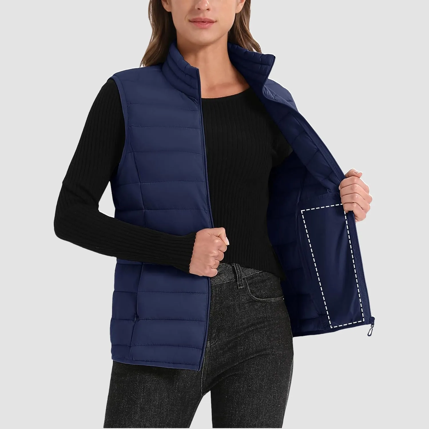 Women's Puffer Vest Lightweight Stand Collar Zip 4 Pockets Puffy Vests Sleeveless Quilted Padded Outerwear