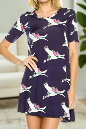 Womens Stork Print Dress, Navy Blue Short Sleeve Dress, Long Tunic Top, Sizes S/M/L, Navy Blue/Pink/White