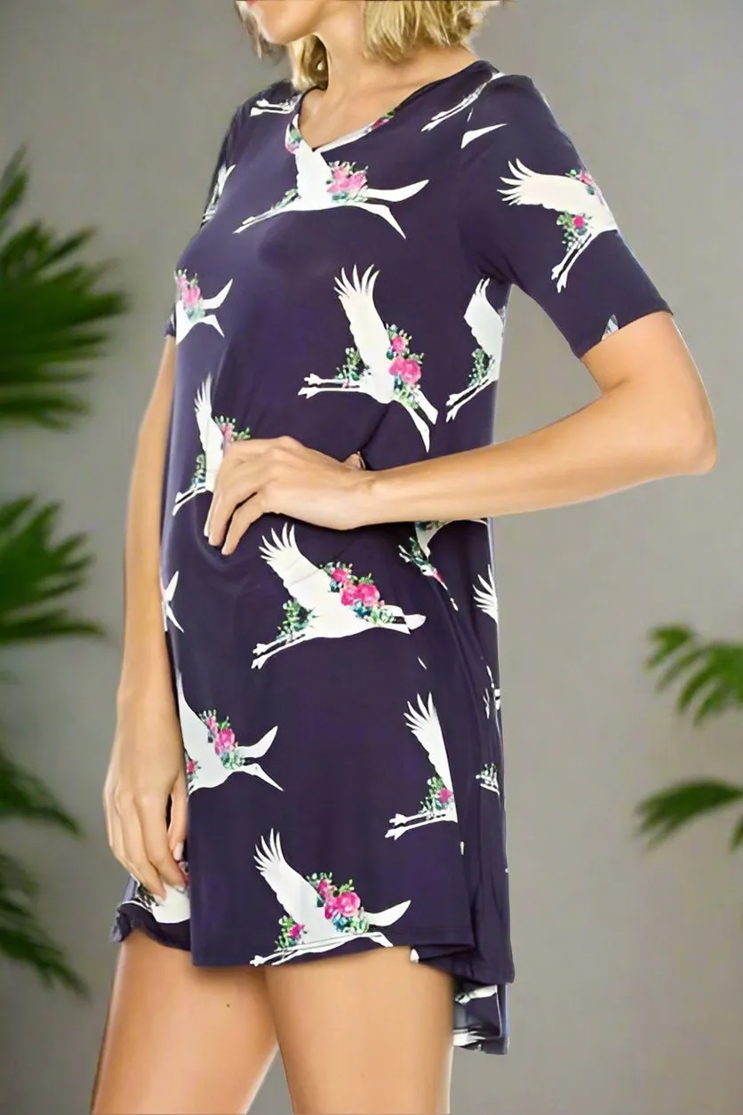 Womens Stork Print Dress, Navy Blue Short Sleeve Dress, Long Tunic Top, Sizes S/M/L, Navy Blue/Pink/White